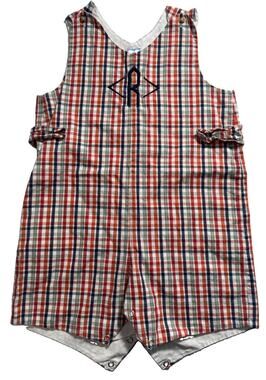 Bella Bliss Boys Size 3 Plaid Shortall Romper Monogram R Cotton